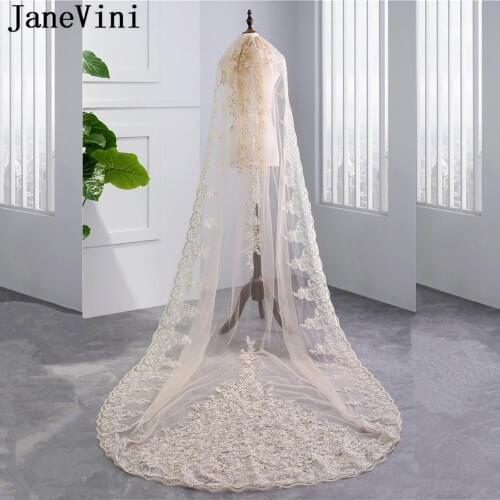 JaneVini Elegant Champagne Sequined Bridal Veils Comb 3 Meters One Layer Cathedral Long Wedding Veil with Sequin Lace Edge Vail
