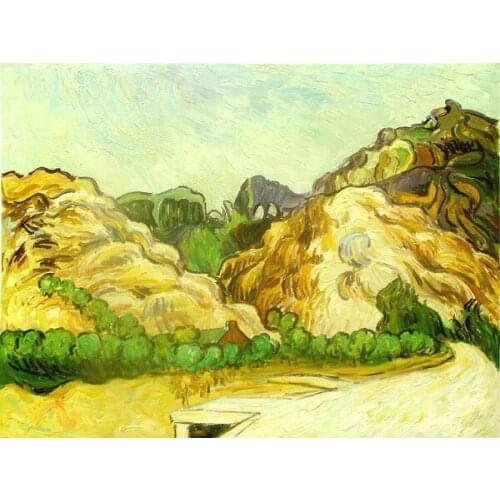 Handmade Oil Painting on Canvas for Living Room Home Decor Art Mountains at St. Remy with Dark Cottage by Vincent Van Gogh