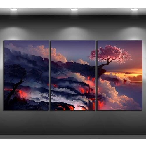Canvas Painting Prints Home Decor 3 Pcs Scorched Earth Lava Landscape Cherry Blossom Sunset Blossom Wall Art Modular Pictures