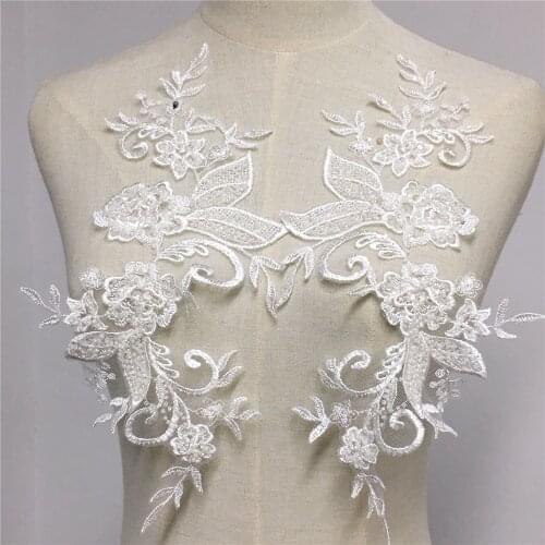 1 Pair Delicate Ivory Beaded Lace Applique Embroidery Mesh Lace Fabric Decoration For Woman Dress, Garment Accessory 17*30cm