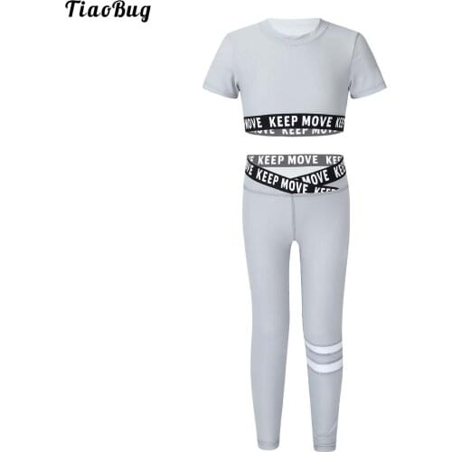 TiaoBug Summer 2Pcs Kids Girls Sportswear Round Neck Short Sleeve Letters Print Cropped Top Pants Running Set