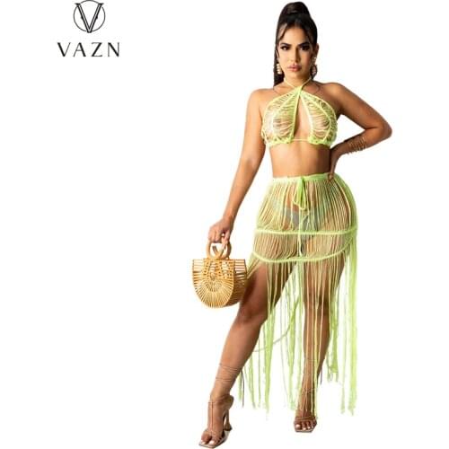VAZN 2021 Hole Out Sleeveless Solid Summer Beach Swimming Clothing Suits 2 Piece Set Women Top And Pant