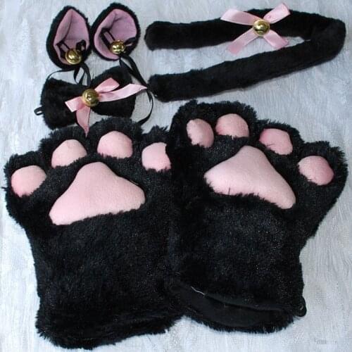 Hot 1 Set Cat Animal Ears Plush Paw Claw Cotton Gloves Tail Ribbon Anime Cosplay Costumes 4 Colors Gloves