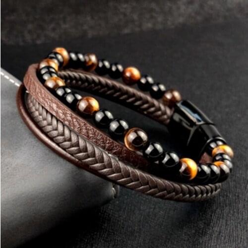 Men Woven Fashion Winding Leather Bracelet Vintage Tiger Eyes Stone Charm Stainless Steel Men Beads Ethnic Tribal Wristband
