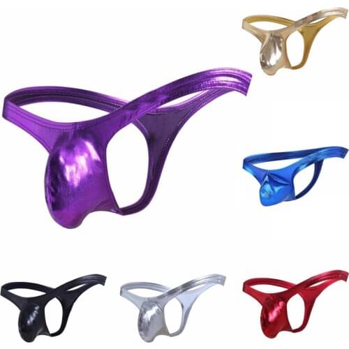 Men Gay Thong Sexy Stripe Cotton Underwear shorts Bare Buttocks Patent Leather Underpants Pouch Thong G-String majtki men