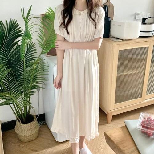 Solid summer nightgown loose short sleeve long sleepwear ruffles casual soft cotton home clothes maxi nightdress outwear L584
