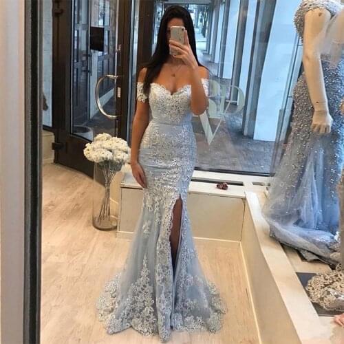 New Light Sky Blue Mermaid Evening Dresses Wear Off the Shoulder Lace Appliques Crystal Beaded High Side Split Tulle Party Dress