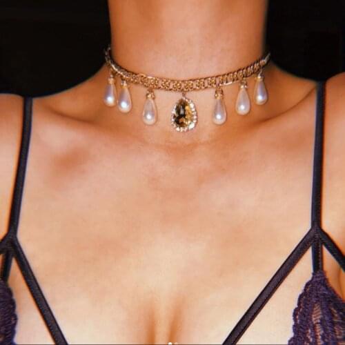 Stonefans Punk Simulated Pearl Pendant Cuban Chain Necklace for Women Crystal Water Drop Necklace Choker Fashion Jewelry Gift