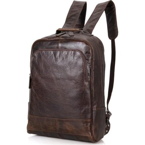 Crazy Horse Leather Men Backpacks Women Brown Unisex Cow Leather Laptop Rucksack Vintage Real Leather School Bag Daypack For men