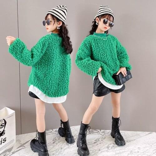 Girls wool sweater 2021 winter new sweater girls foreign style loose thick lamb wool fake two-piece sweater jacket