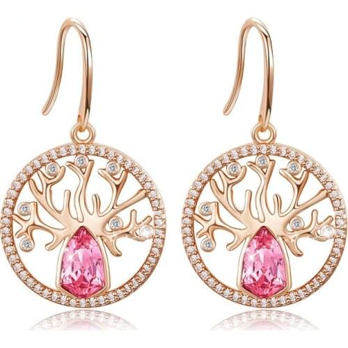 Tree of Life Drop Earrings for Women Luxury Rose Gold Color Earrings Pink Crystal Copper Fashion Jewelry Accessories