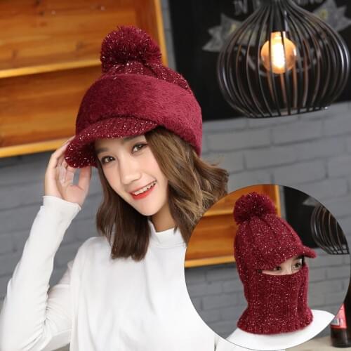 Winter Knitted Visor Cap With Neck Warm Beanies Cap Large Ball Wool Hat For Women Girls Knitted Skullies Beanies Winter Snow Cap