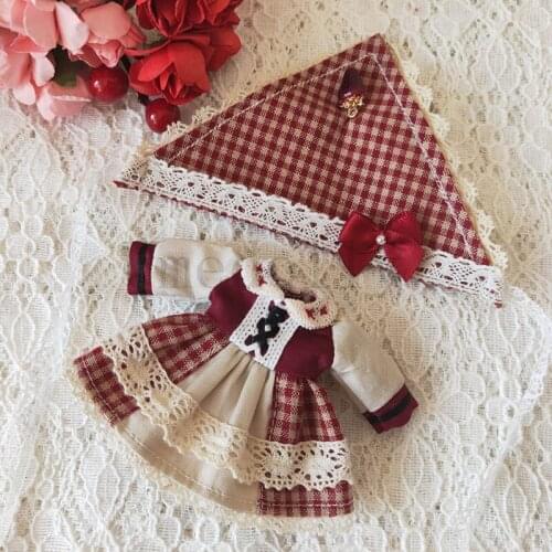 1 Set Red Gird Long-sleeved Doll Dress + Headwear for OB11, Obitsu 11 Doll Clothes Accessories Toy