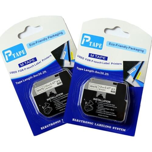 2PCS compatible P-Touch Tape Label Catridge M-K231 MK231 M231 M-K231 Black on White 12mm X 8m