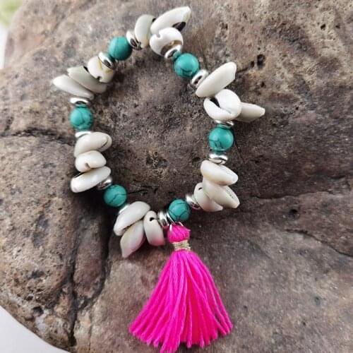2021 Bohemia style Natural Shell Handmade Cotton Tassel Shell Bangle Bracelet Charm Simple Jewelry