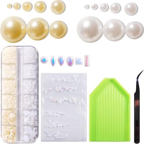 2MM 3MM 4MM 5MM 6MM 8MM 2528Pcs Half Round Imitation Pearls With Tweezers Green Dish and Different Shapes Of Pearls Scrapbooking