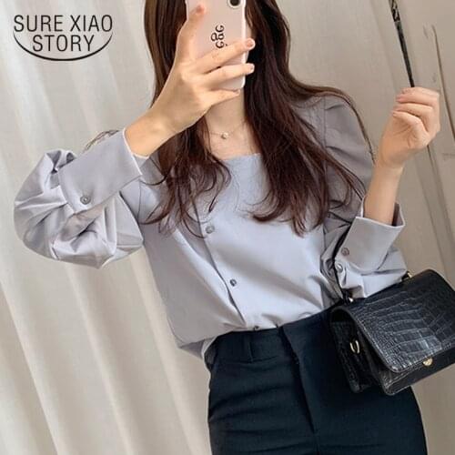 2021 Blusas Mujer De Moda Square Collar Lantern Sleeves Solid Blouse Women Casual Button Loose Office Lady Women Shirts 8746 50