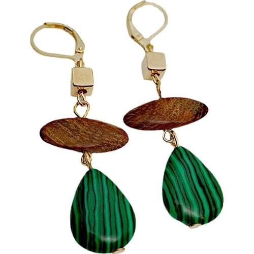 Bohemia Vintage Gold Color Water Droplets Natural Malachites Stone Dangle Earrings for Women Punk Oval Wood Drop Earring Jewelry