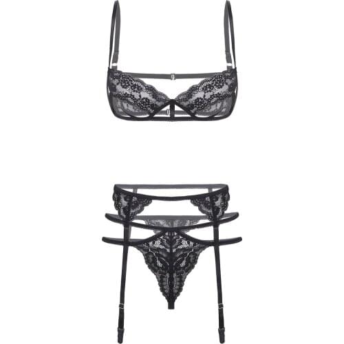 Black Lace Sexy Women Lingerie Sets Underwired Unlined Adjustable Bras Garter Belt Underwear G-string Nightwear 3Pcs Sleepwear