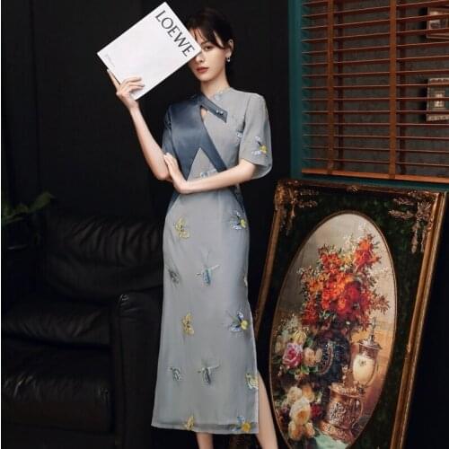Cheongsam Qipao Chinese Dress Modern 2021 Improved Cheongsam Retro Evening Silk Dress Cheongsam Elegant Chiffon Women Dress Slim