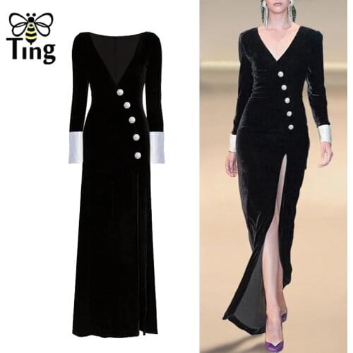 Tingfly Runway Design Luxury Button Sexy Split Long Maxi Dress Elegant Velvet Party Christams Night Dresses Plus Size Haut Robes