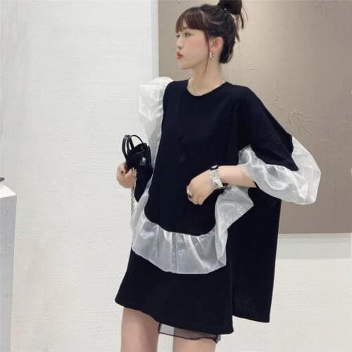 Korean Fashion Oversized Tshirt Summer New Womens O-Neck Half Sleeved Black Long T-Shirt Mesh Ruffles Patchwork Loose Tees Tops