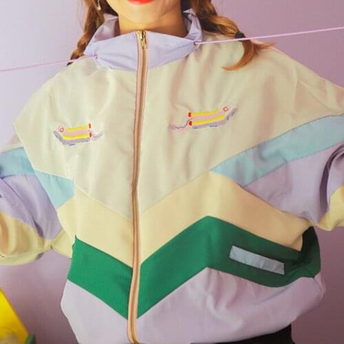 Harajuku Pastel Bomber Jacket Cute Color-block Jacket Coat Thick Womens Windbreaker