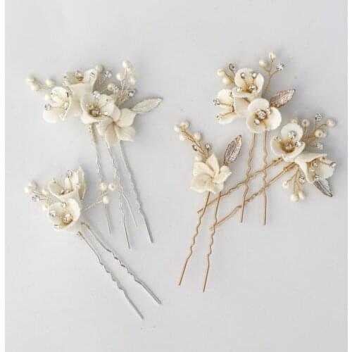Jonnafe Handmade Bridal Hair Pins Clips Porcelain Flower Women Headpiece Pearls Wedding Hair Ornament Jewelry