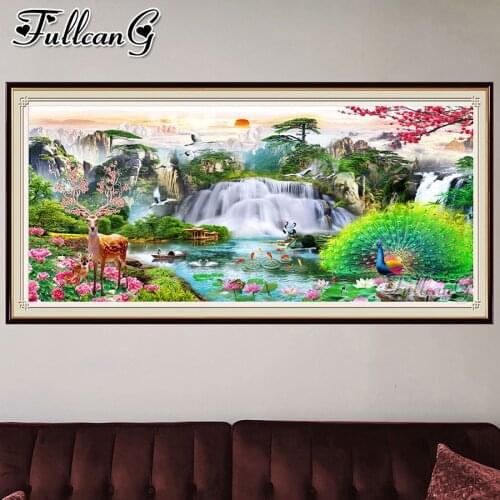 FULLCANG Peacock Fawn Waterfall Flower large diamond painting 5d diy full square round drill mosaic embroidery kits FC3698