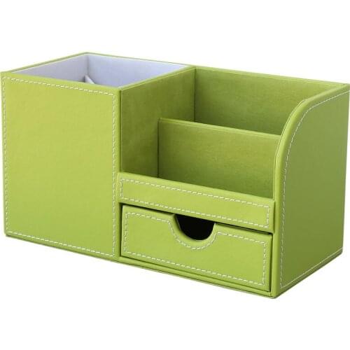 Multi-Functional Desk Stationery Organizer Storage Boxes & Bin Wooden PU Leather Pen Holder Pencil Box Case Containers + Drawer