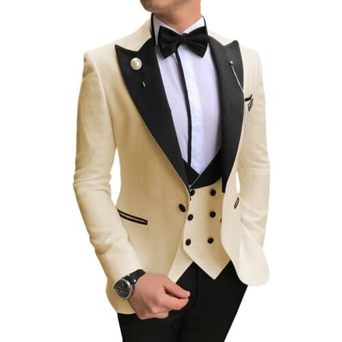 One Button Men Suits Dark Ivory and Black Groom Tuxedos Peak Lapel Groomsmen Wedding 3 Pieces ( Jacket+Pants+Vest+Bow Tie ) D238