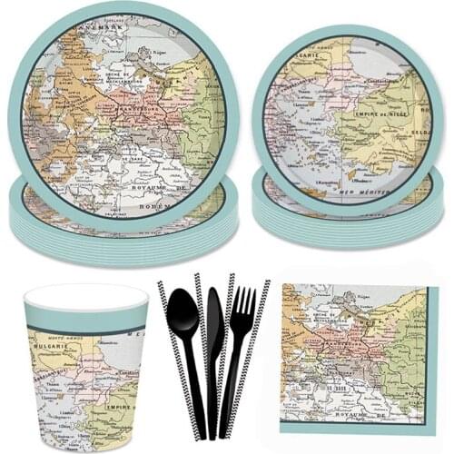 Disposable Tableware Set Retirement Party Paper Plate Straw Cup Map Pattern for Birthday Anniversary Party Decoration Supplies