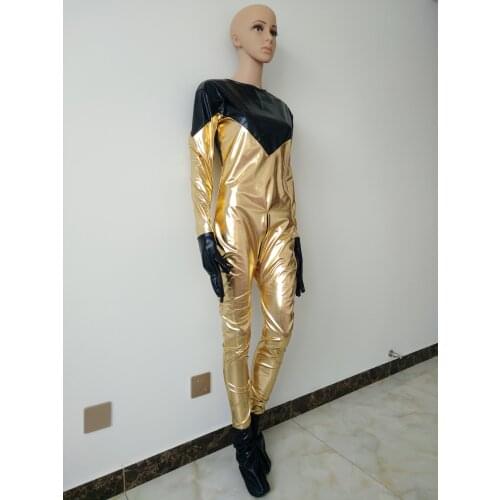 Sexy black with gold color high Quality Metallic Zentai Catsuit Fashion Fun Costume back zipper