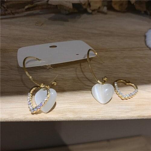 Exquisite White Color Shiny Opal Love Heart Hoop Earrings for Women Ladies Brass Gold Hook Rhinestones Heart Dangle Earrings