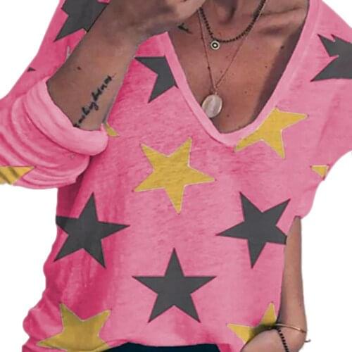 Tops Women Solid Color Star Print Long Sleeve V-neck Loose T-shirt Pullover Tops Womens Clothing 2021 футболка