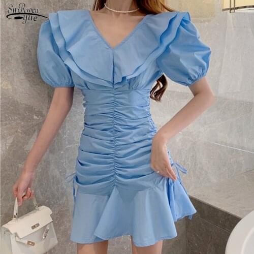 Summer Elegant Slim Dress Womens Puff Sleeve V-neck Waist Womens Skirts Ruffle Short Sleeve Pure Packed Hip Short Skirts 15075