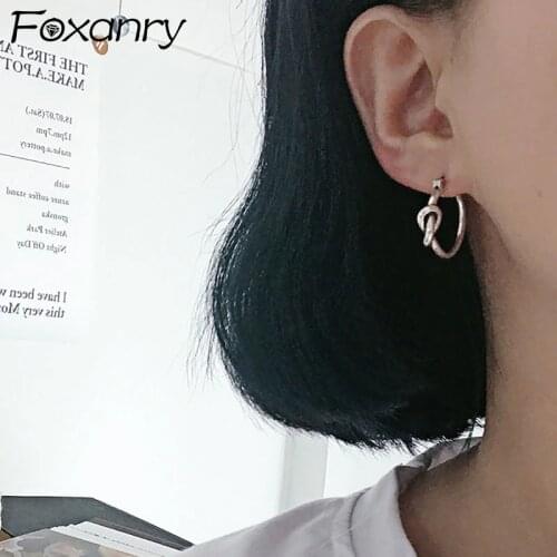 Foxanry 925 Sterling Silver Stud Earrings for Women Vintage Weaving Knotted Geometric Thai Silver Birthday Party Jewelry Gifts