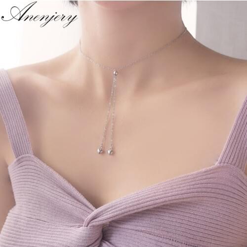 ANENJERY 925 Sterling Silver Love Heart Round Bead Tassel Adjustable Pendant Necklace For Women Choker Collar S-N114