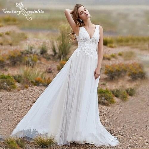 Boho Wedding Dresses for Women 2021 Lace Appliques V-Neck Backless A-Line Bohemian Bridal Gowns Bride Dress Vestido De Noiva