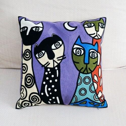 100% Cotton Four Cats Abstract Embroidered Square Pillow Cover Cushion Case Sofa Chair Cushion Cover 45x45cm Without Stuffing