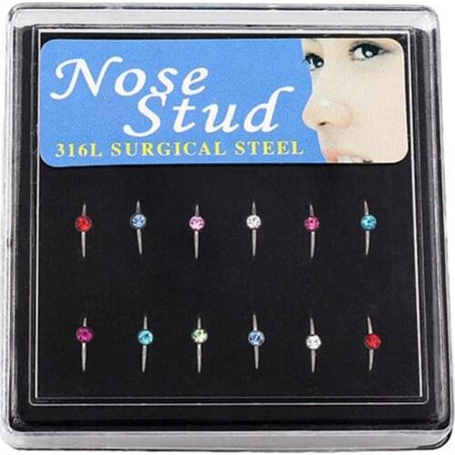 18PCS Women Nose Piercings Fashion Silver-plated Circle Earring Boxed Colorful Rhinestone Nose Stud Rings Body Piercing Jewelry