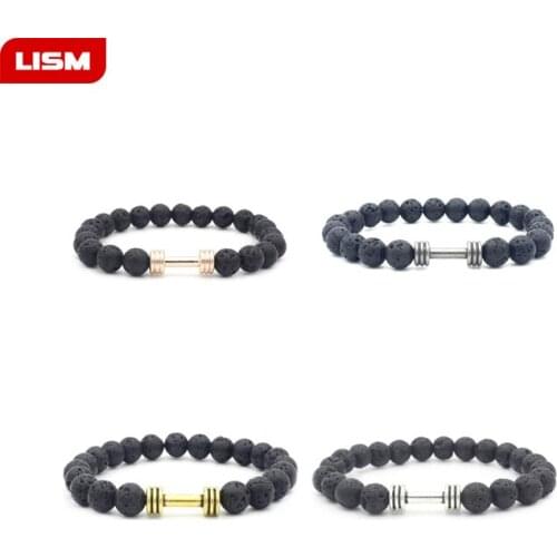 Brand Trendy Natural Beads Strand Bracelet Micro Pave CZ Dumbbell Black Lava Rock Stone Energy Men European Buddha Jewelry