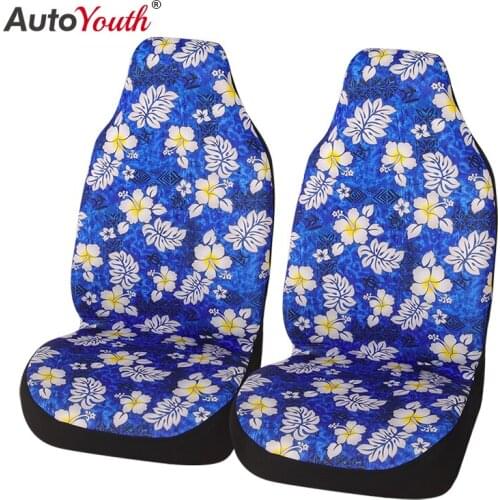 2PCS Front Blue Seat Cover Fashion Style Flower Pattern High Bucket Car Interior Car Seat Protector With Steering Wheel Cover
