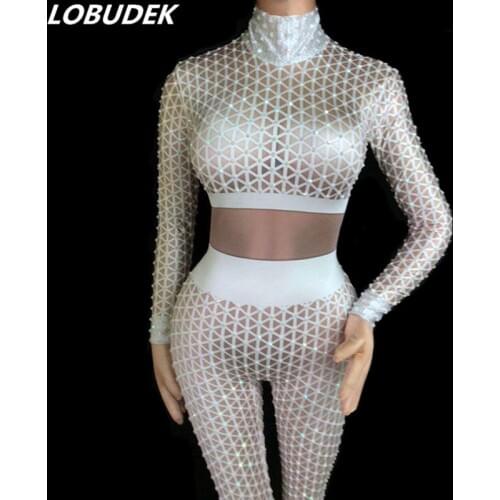 Black White Rhinestones 3D Plaid Printing Jumpsuit Sexy Big Stretch Elastic Bodysuit Women Nightclub Clothing Bar Party Costume