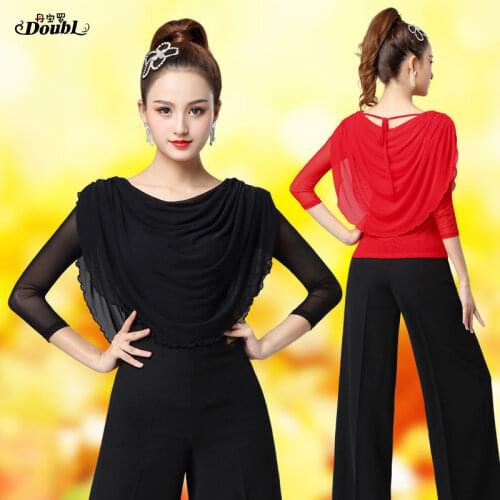 DOUBL Modern Dance Practise Clothes Female Latin Mesh Top Red Long Sleeve Latin Dance T Shirt Square Dance Workout Clothes