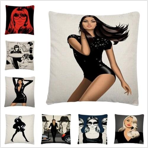 Exquisite Female Model Cartoon Pattern Linen Cushion Cover Pillowcase Home Sofa Car Decoration Pillowcase 45X45Cm