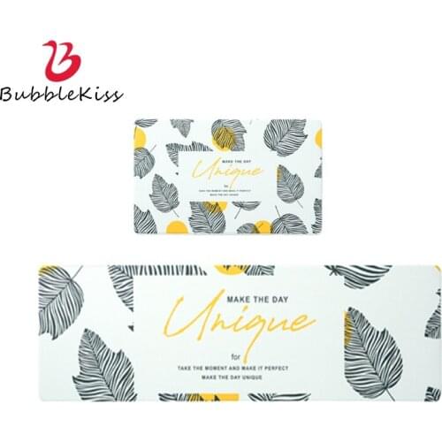 Bubble Kiss Kitchen Carpet PVC Anti Slip Area Rugs Black Yellow Leaves Wear-Resistant Floor Mats Modern Style Design Foot Pad