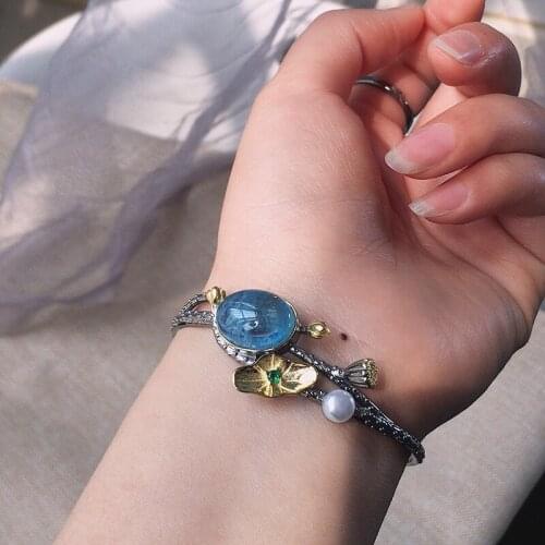 Natural Aquamarine With Tourmaline Inlay Cuff Bracelet for Women S925 Party Top Quality Fine Jewelry Certificate Flower Shape