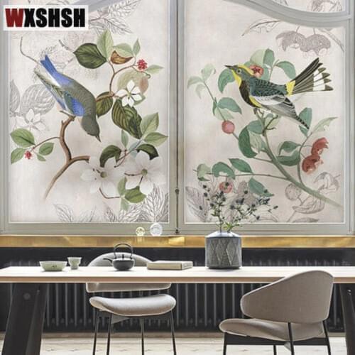Static Cling Custom Size Window Film PVC Birds and Flower Painting Private Stained Glass Foil For Window Door Partition Cabinet