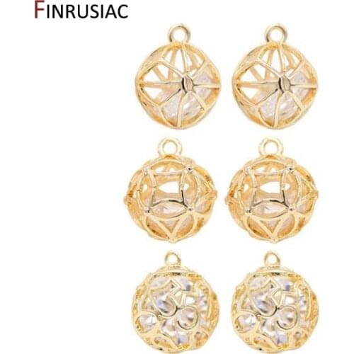 14k Gold Plated Copper Metal Hollow Zircon Round Ball Pendant For Jewelry Making DIY Earrings Necklace Components